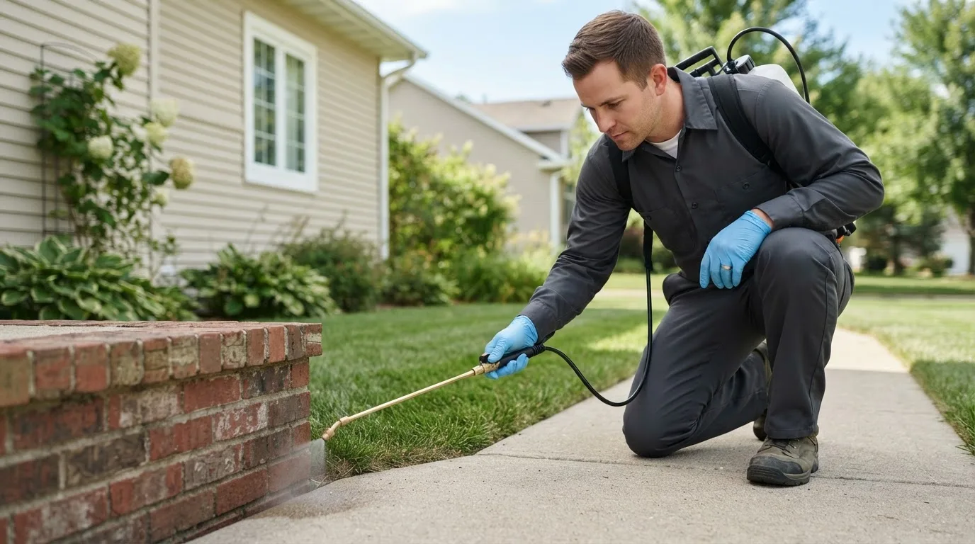 Pest control technician treating a home near Burket, IN