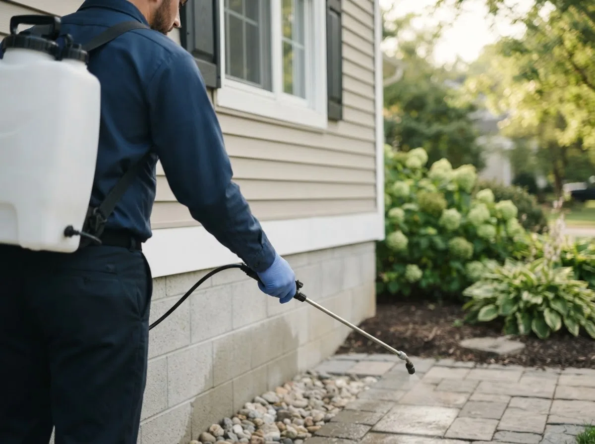Pest control technician inspecting a home in Burket, IN